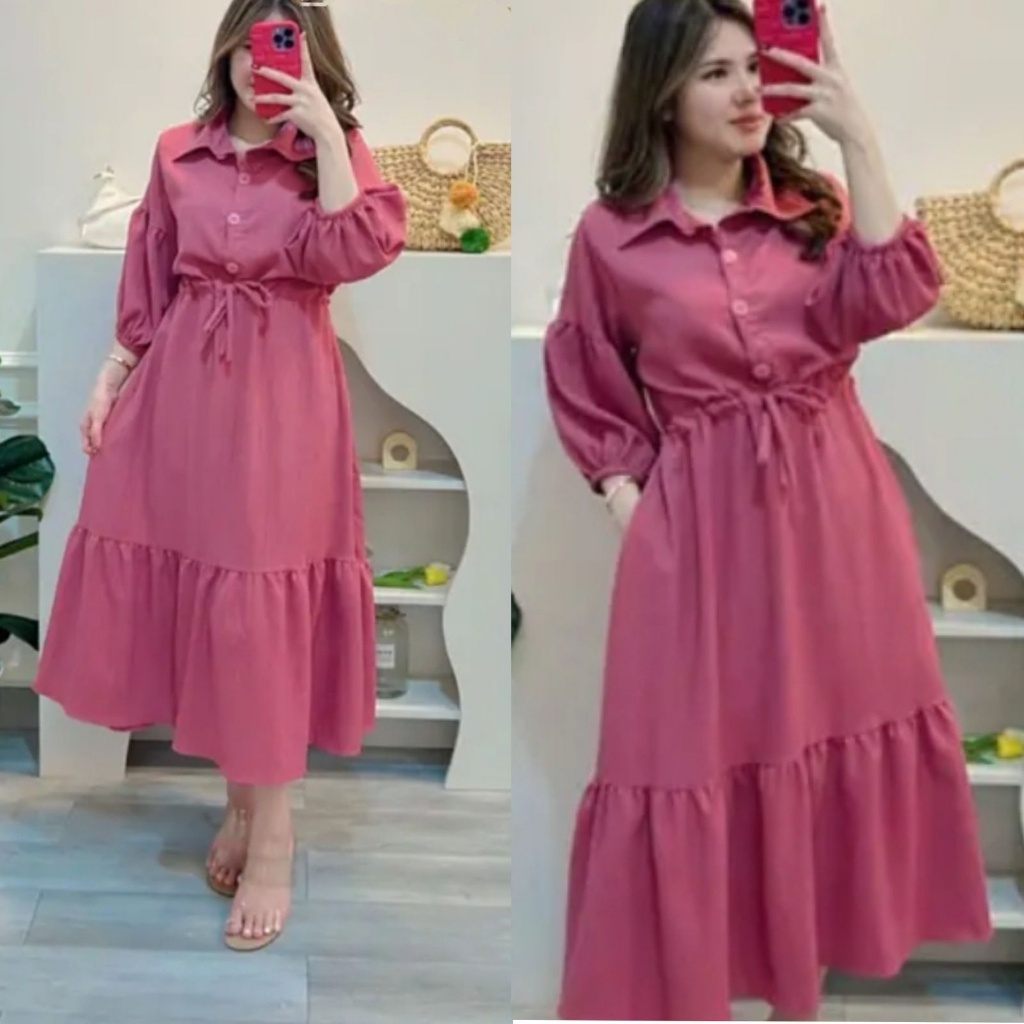 Lana Midi Dress Korean Style Busui Friendly Crinkle Premium Dress Ruffle Muslim Terbaru Kekinian