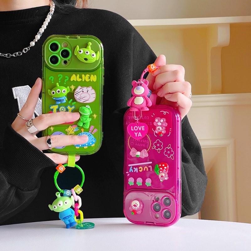 IPHONE Toy Story Strawberry Bear Dengan Ornamen Boneka 3D Vanity Mirror Phone Case Untuk Iphone11 12 13 14 Pro Max Xs Xr Tahan Debu Case Phone Shell