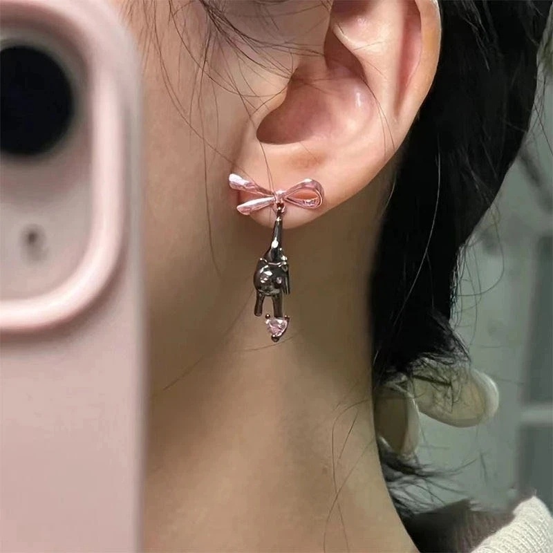 Y2k Fashion Sederhana Kucing Hitam Busur Menjuntai Anting-Anting Wanita Gadis Indah Minimalis Hati Merah Muda Berlian Imitasi Drop Earrings Perhiasan