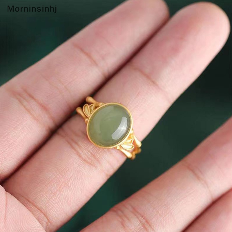 Mornin Warna Emas Kuno Kerajinan Hias Hijau Oval Hotan Jade Kreatif Bambu Terbuka Dapat Disesuaikan Cincin Untuk Wanita Elegan Klasik Perhiasan id