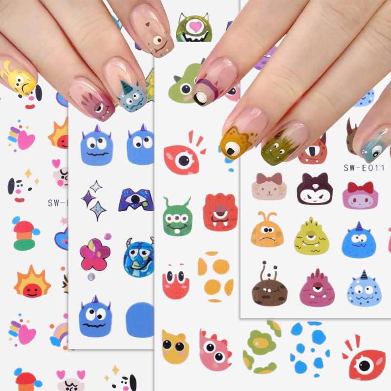 Cute Big Eyes Hand-Painted Adhesive Nail Stickers/INS Wind Self Adhesive Rainbow Fruit Sticker/DIY Nail Art Dekoratif Patch/Stiker Kuku Monster Kartun Kreatif