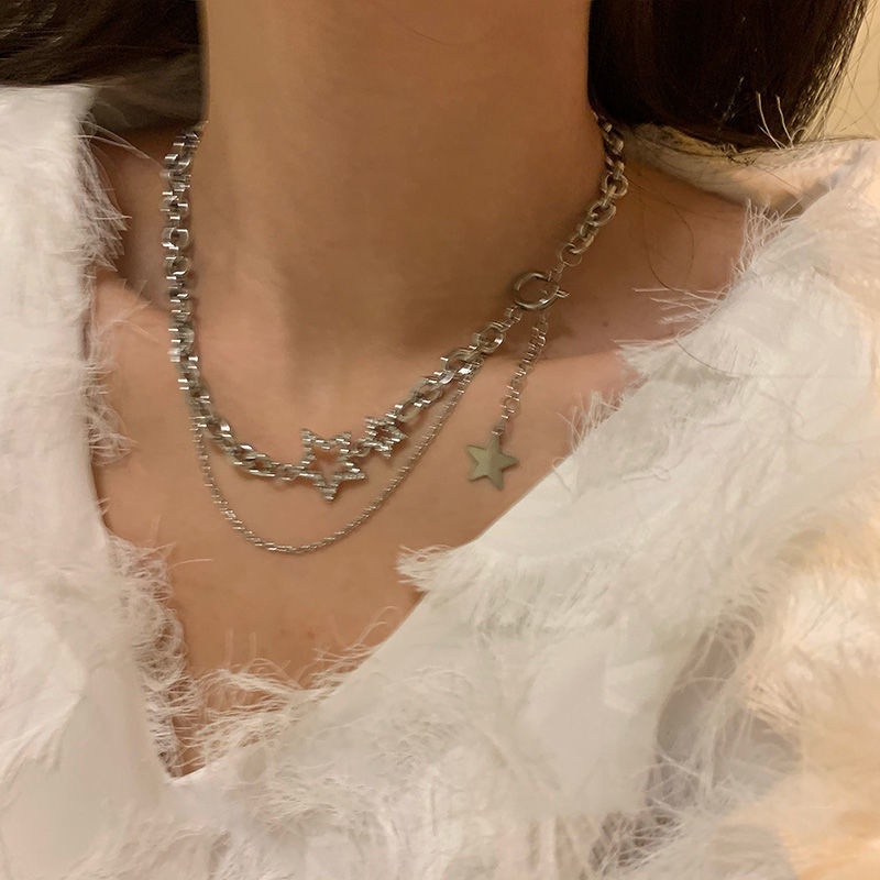 Merasakan Bintang Double Layer Kalung Perempuan Gaya Keren ins Hip-Hop Pendek Rantai Klavikula Trendi Berkelas Chain Necklace