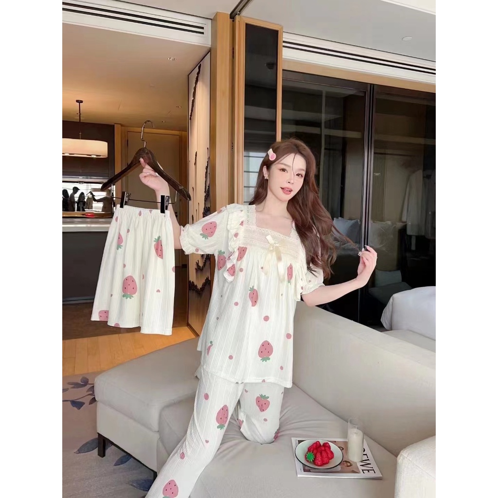 CJSW-1003 TINO TINO SET BAJU TIDUR 3IN1 PIYAMA IMPORT KOREAN LOOK DENGAN BERBAGAI MACAM MOTIF/SET PIYAMA WANITA RIB KNIT PREMIUM