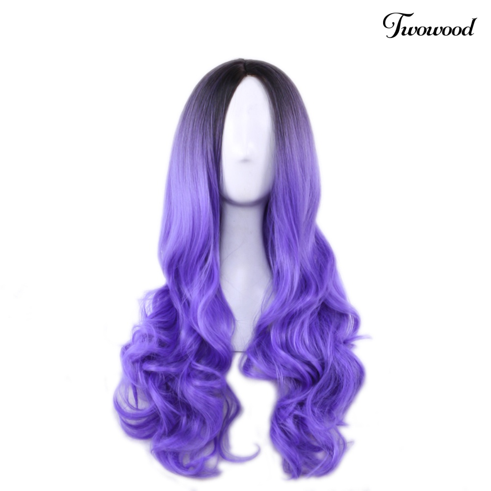 Twowood Charming Gradient Color Panjang Keriting Wanita Rambut Wig Dyed Sintetis Sopak