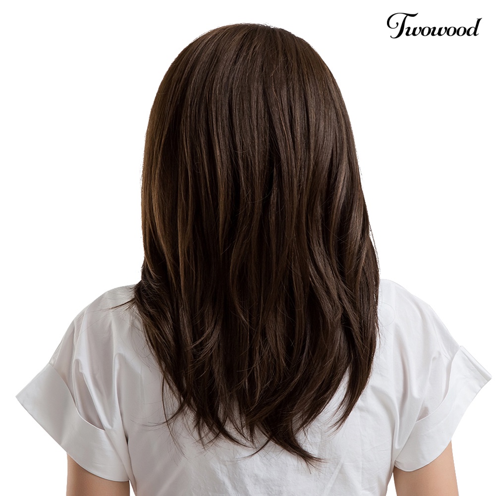 Twowood Fashion Wanita Belah Samping Natural Looking Medium Hair Length Full Wig Sopak