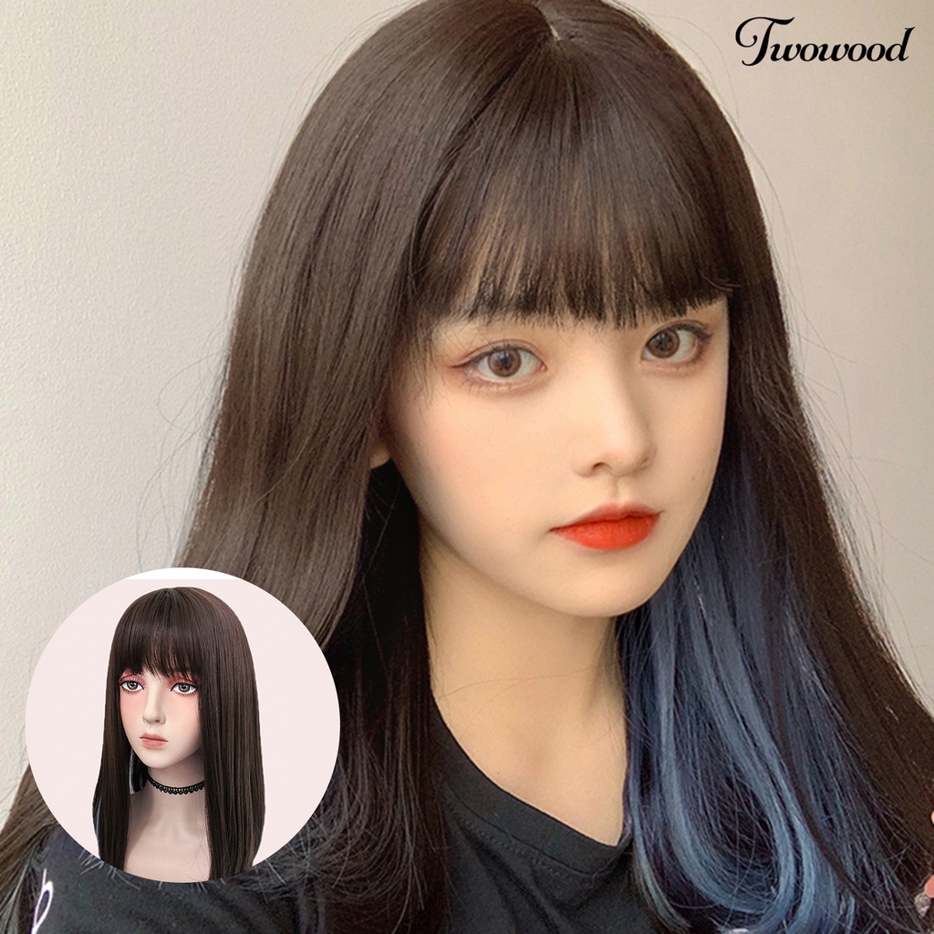 Twowood Wig Panjang Gantung Pewarna Telinga Invisible Net Serat Suhu Tinggi Wanita Wig Halus Lurus Untuk Perempuan