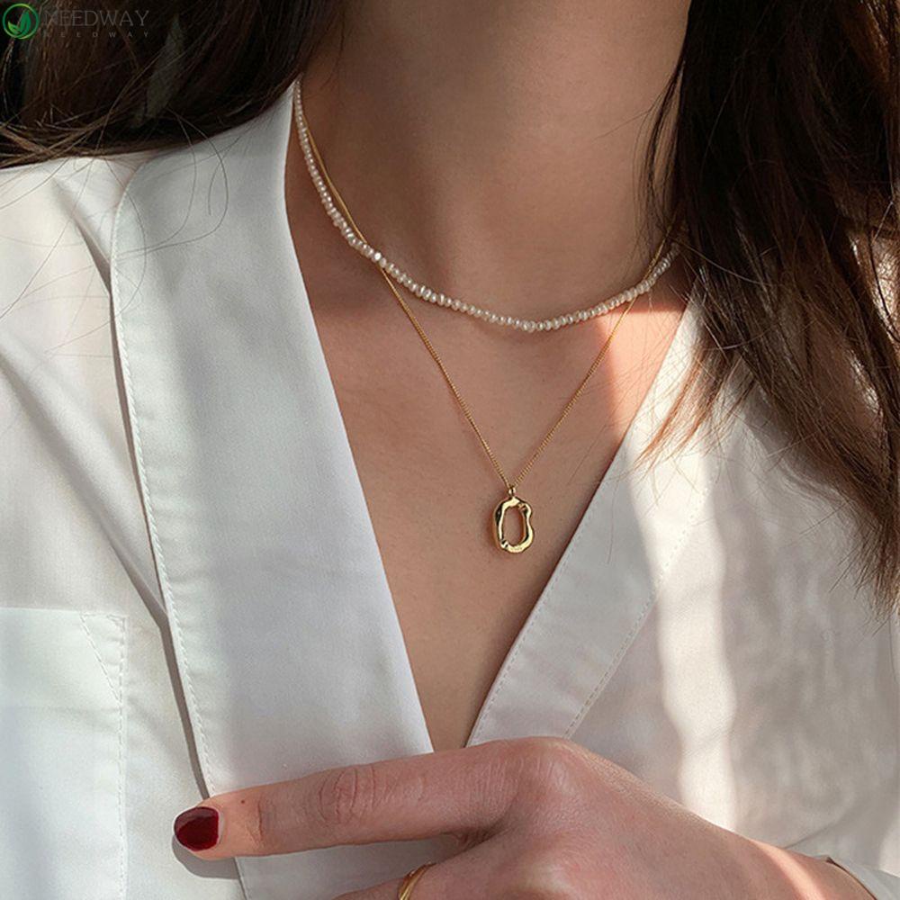 Needway Kalung Gaya Korea Fashion Perhiasan Vintage Untuk Anak Perempuan Liontin Manik-Manik Lapisan Ganda Berbentuk Hati