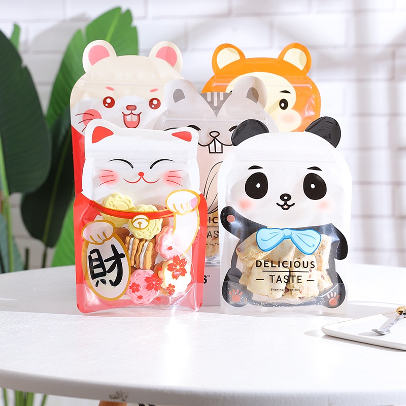 ( 10 pcs) ZIPPER BAG MAKANAN KARAKTER ANIMAL /PLASTIK KLIP KUE PPERMEN PANDA LUCKY CAT TIGER