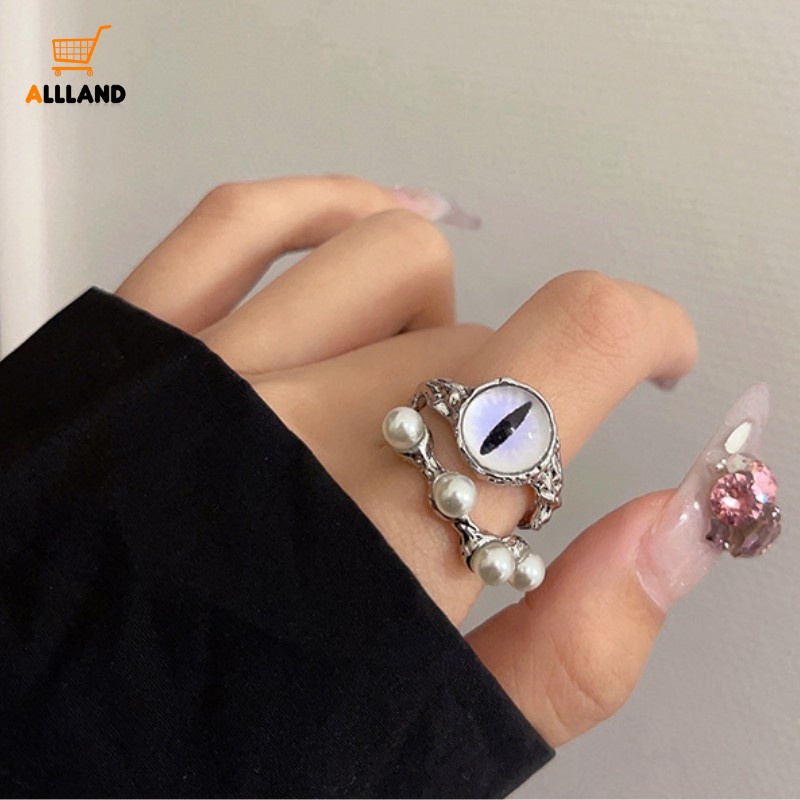 Hip-hop Rock Purple Cat Eye Finger Ring/ Cincin Mutiara Imitasi Lapisan Ganda/ INS Kreatif Pembukaan Yang Dapat Disesuaikan Alloy Ring Perhiasan Pesta