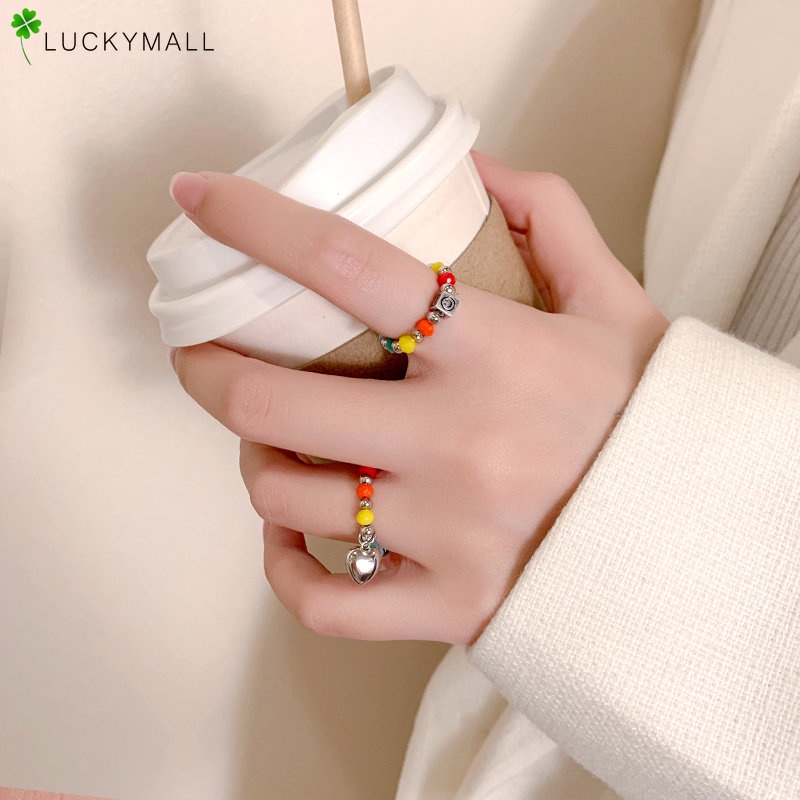 Fashion Cincin Jari Manik-Manik Hati Wajah Senyum Kartun Warna-Warni Untuk Aksesoris Perhiasan Wanita