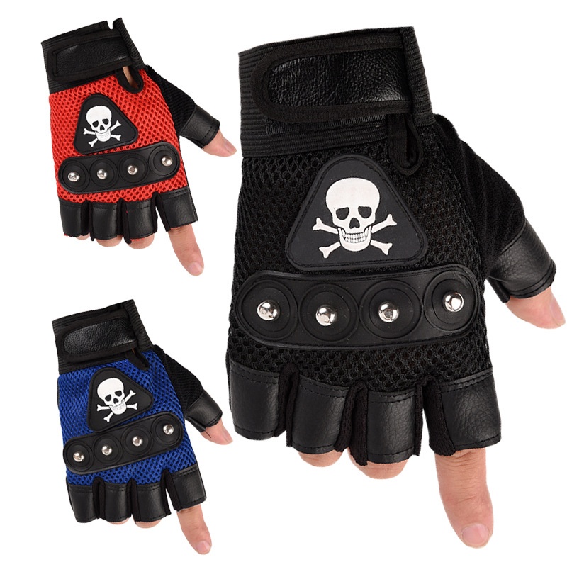 Sarung Tangan Motor Pria Setengah Jari Half Finger Motif Tengkorak Trail Sporty Fitness Gloves Fashion Riding HNF