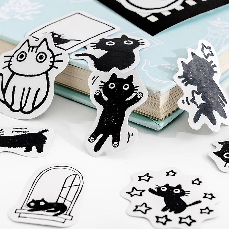 45pcs Stiker Tema Kucing Hitam/Kawaii Cute Cats Stickers Self-adhesive Scrapbooking Stickers/Box Set DIY Diary Album Stick Note Lable/Decals Hias Untuk Anak