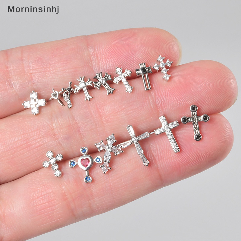 Mornin 1pcs Cross Zirkon Anting Telinga Tulang Kuku Untuk Wanita Tulang Rawan Anting Spiral Stud Earring Tubuh Perhiasan Hadiah id