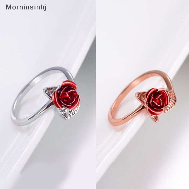 Mornin Merah Bunga Mawar Daun Pembukaan Cincin Untuk Wanita Flowers Fashion Adjustable Finger Ring Valene's Day Engagement Jewelry Gift id