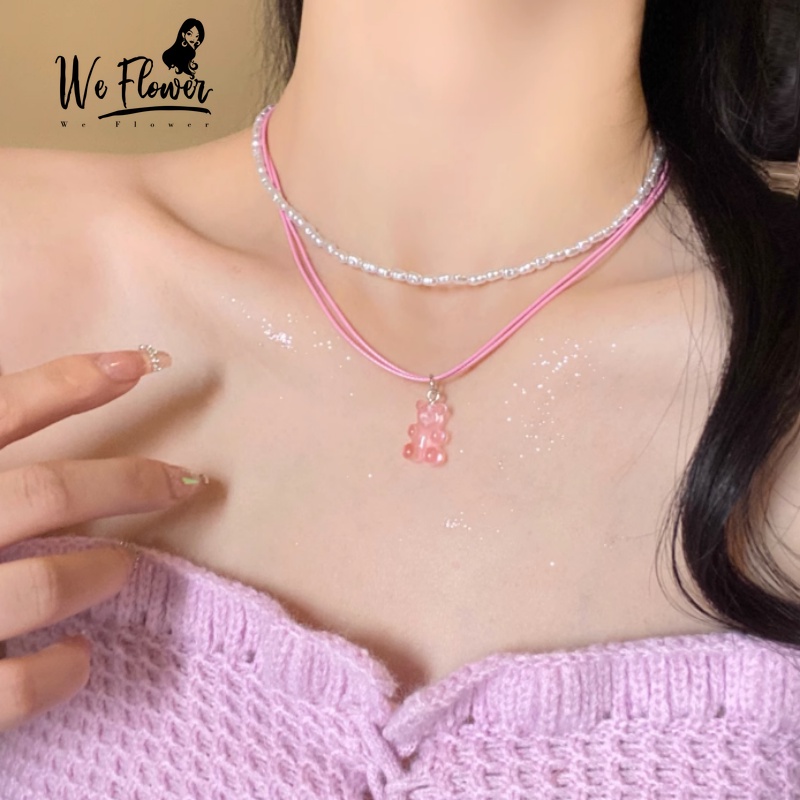 We Flower 2 Pcs Korea Berlapis Mutiara Choker Sweet Pink Jelly Beruang Liontin Kalung Untuk Wanita Perempuan Indah Manis Gummy Bear Kalung Perhiasan Aksesoris