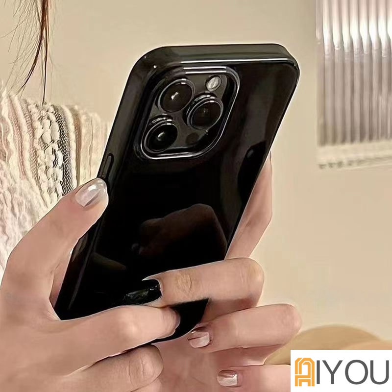 IPHONE Ins Cool Black Glossy Phone Case Kompatibel Untuk Iphone11 Casing 14 Pro Max Ip13 12 11 Pro Max 14 Pro Max XR 8 7 Plus Mulus Glossy Lembut TPU Back Cover