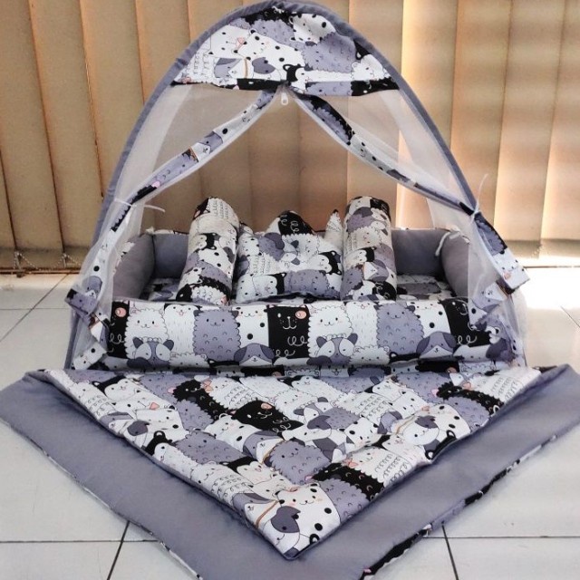 BEST-SELLER Kasur Bayi Kelambu dan-Bedcover Motif Archery x Polkadot-navy CBNK 029 PLUS NON FURING