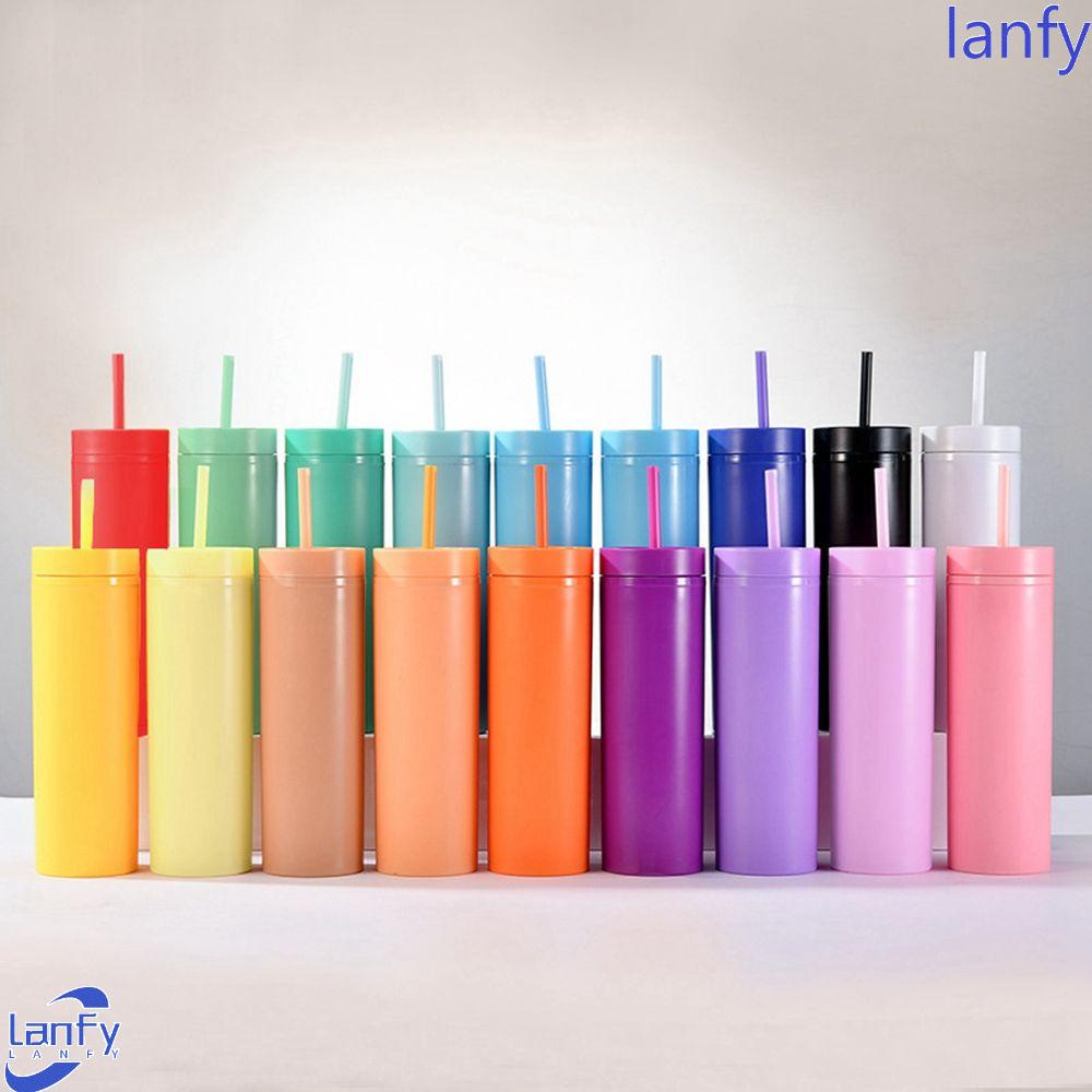 Lanfy Gelas Jerami Dengan Tutup Candy|Gelas Air Kapasitas Besar Dua Lapis Tabung Lurus 16oz Warna