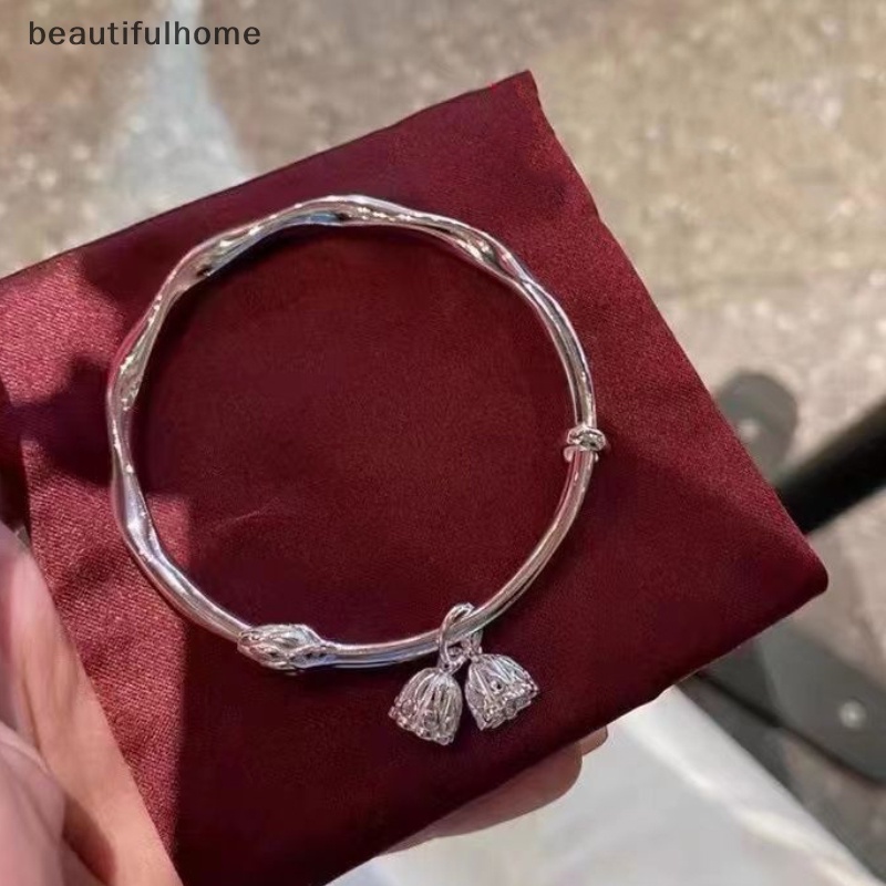 {beautifulhome} Gelang Kuncup Bunga Teratai Warna Perak Antik Untuk Hadiah Perhiasan Anak Perempuan Mobius Fashion Push-Pull Bracelet Valene's Day Gift.