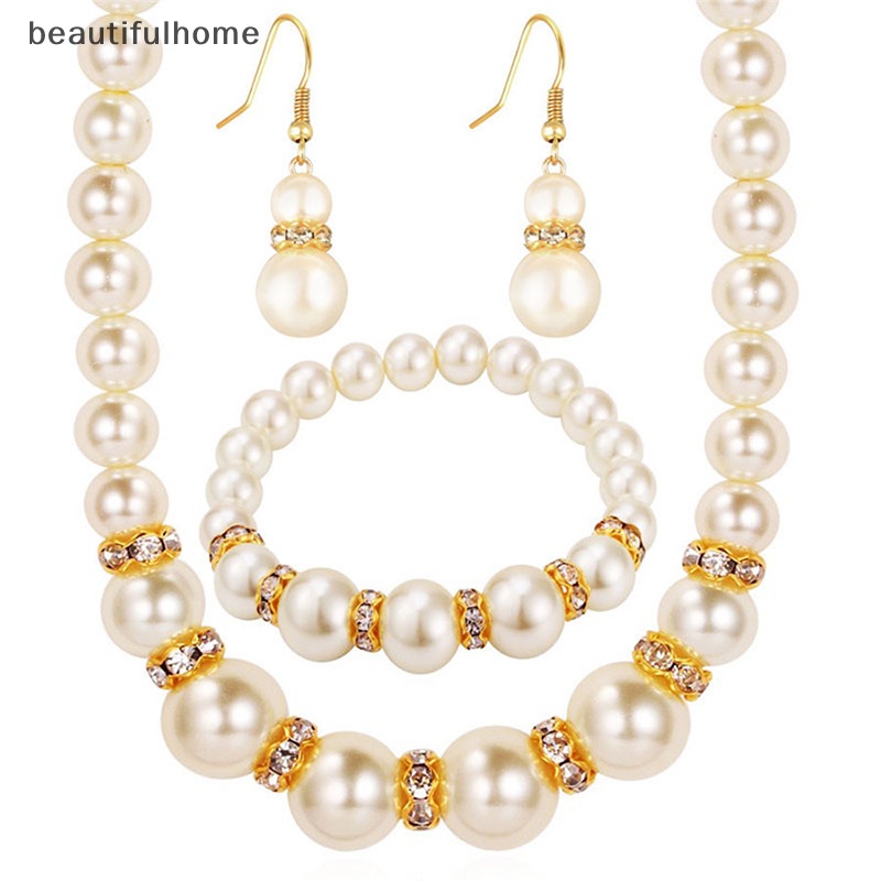 {beautifulhome} 3in1 Set Elegan Simulasi Mutiara Kalung Anting Gelang Panjang Kalung Wanita Pengantin Pernikahan Perhiasan Hadiah.