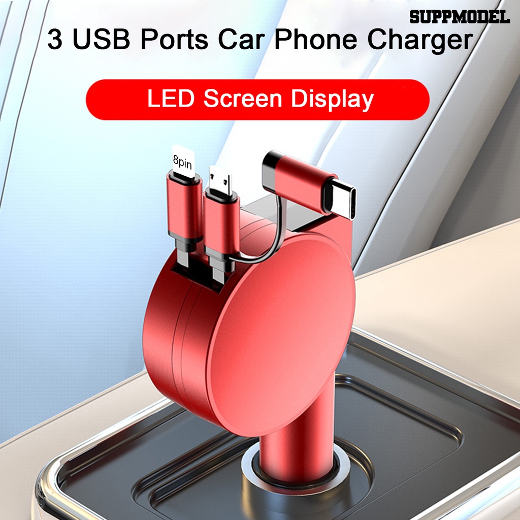 [SM]60W Charger Mobil 3-in-1 Ditarik Pengisian Cepat 3port Output Mobil USB Soket Aksesoris Ponsel