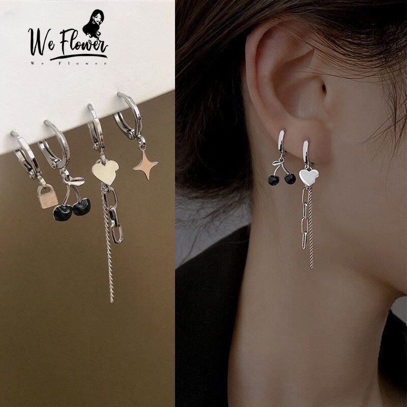 We Flower 4PCs / Set Anting Tusuk + Kalung + Gelang + Anting Tusuk Gantung Desain Hati + Cherry Hitam Untuk Wanita