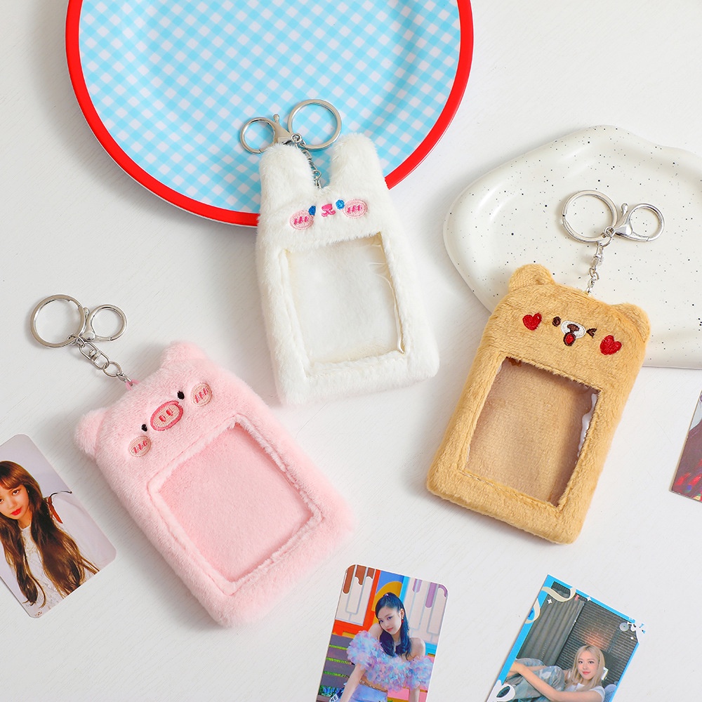 Gantungan Kunci Bentuk Beruang / Kelinci Bahan Plush Photocard Holder Boneka Gantungan Kunci PC Card Holder Doll