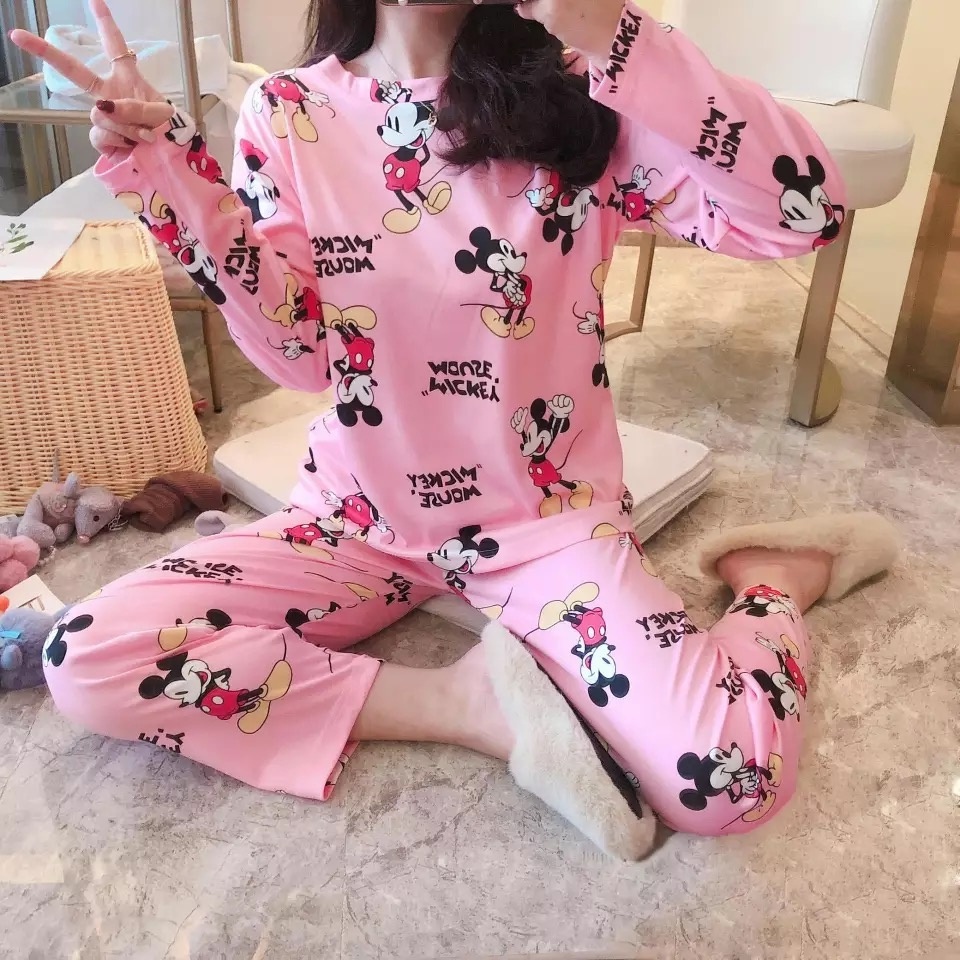 TGM -  Baju Tidur Set Baju + Celana Setelan Piyama Wanita Lengan Panjang Motif Kartun PS005