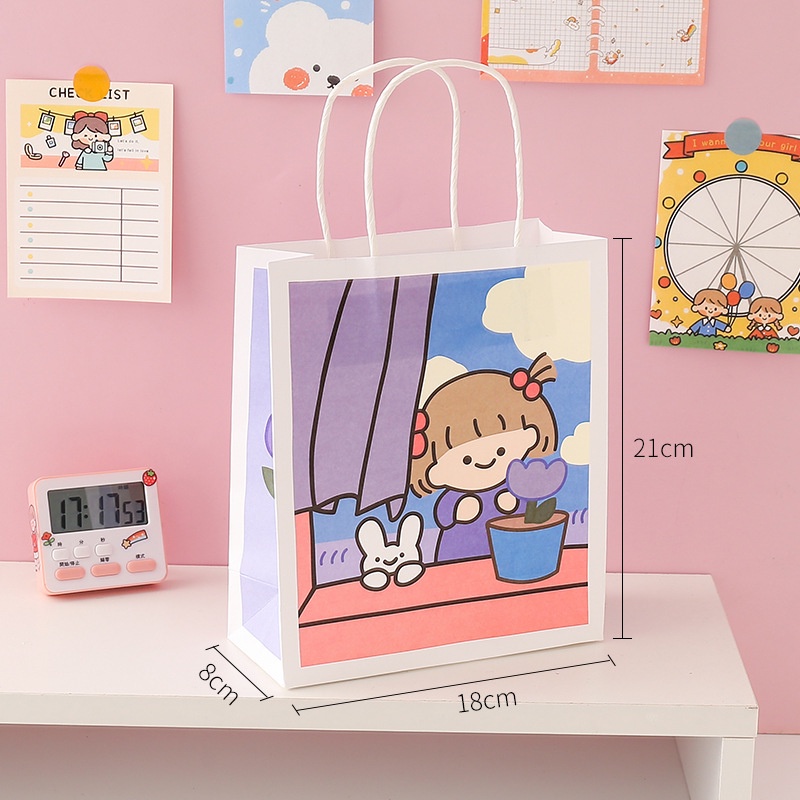 Ins Style Gadis Lucu Handheld Shopping Gift Bag Tas Kemasan Kertas Hadiah Ulang Tahun Siswa Mini