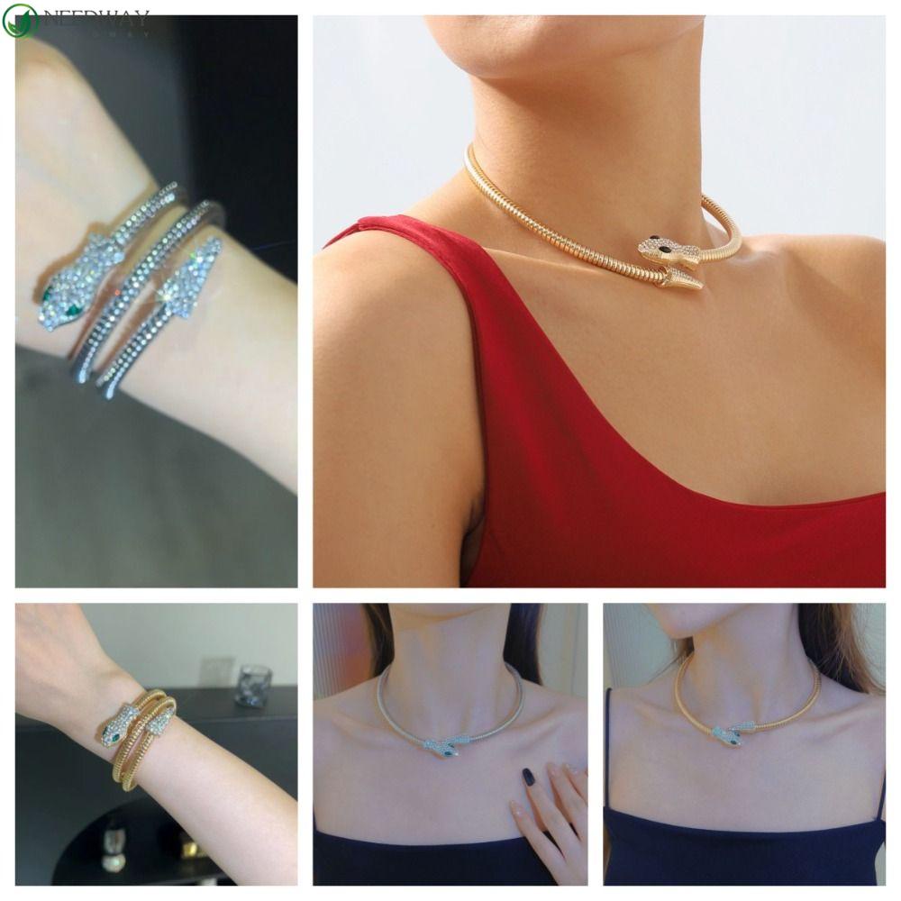 Needway Kalung Rantai Ular Fashion Mewah Perak Hewan Indah Alloy Kristal Kerah Dapat Disesuaikan Untuk Wanita