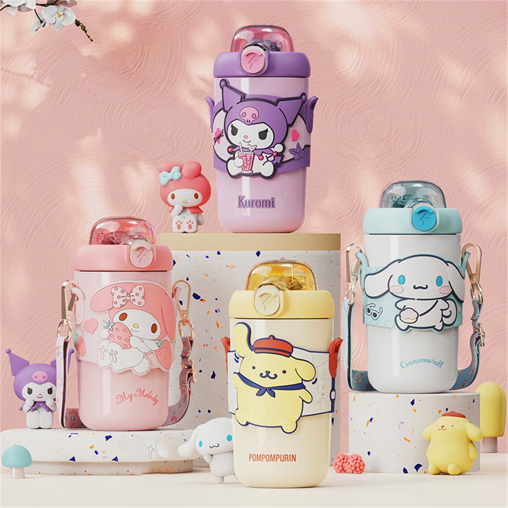 ღ 380ml/460ml Sanrio Insulating Cup Cartoon Children Straw Cup Melody Kuromi Cinnamoroll Stainless Steel Botol Air Siswa Perempuan Untuk Hadiah