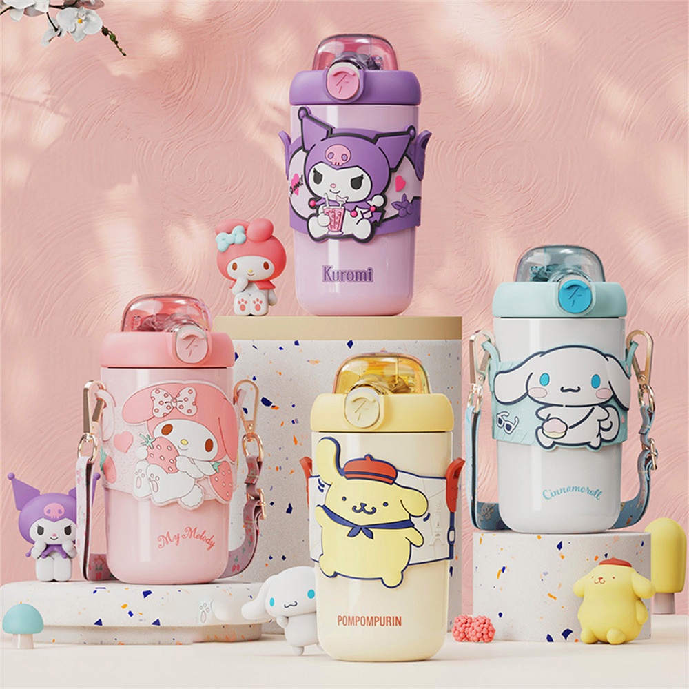 ღ 380ml/460ml Sanrio Insulating Cup Cartoon Children Straw Cup Melody Kuromi Cinnamoroll Stainless Steel Botol Air Siswa Perempuan Untuk Hadiah