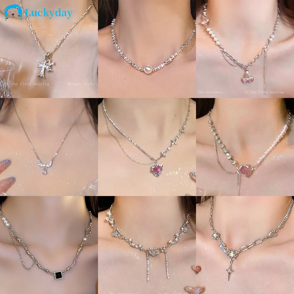 Yeezii Fashion Mutiara Kristal Opal Jantung Kalung Korea Y2k Perak Rantai Butterfly Cross Choker Untuk Wanita Perhiasan Aksesoris