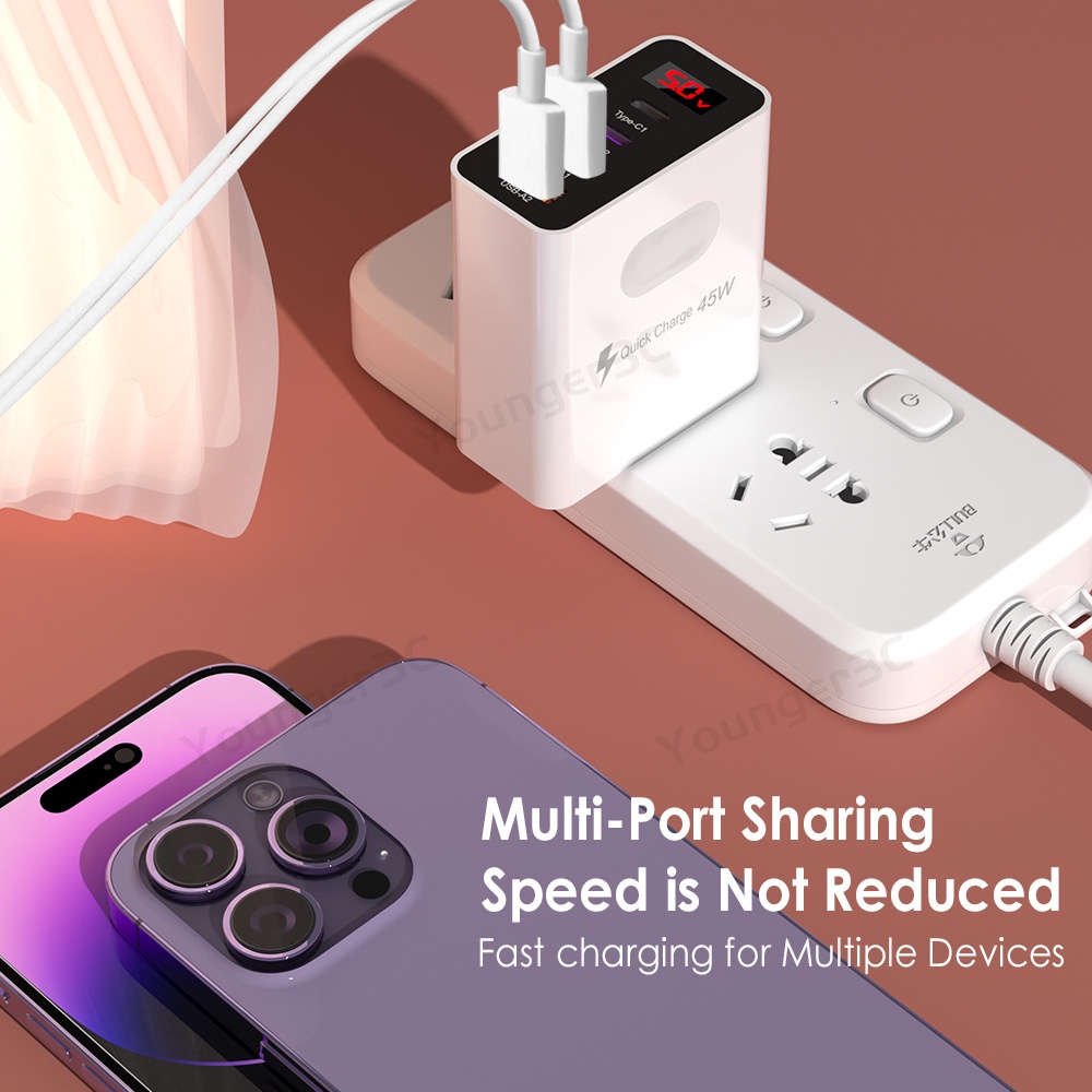 45w Charger Tampilan Digital Cerdas 3.1A 2USB+2PD Pengisian Cepat Travel Charging Adoptor Multi Antarmuka USB Charging Adapter