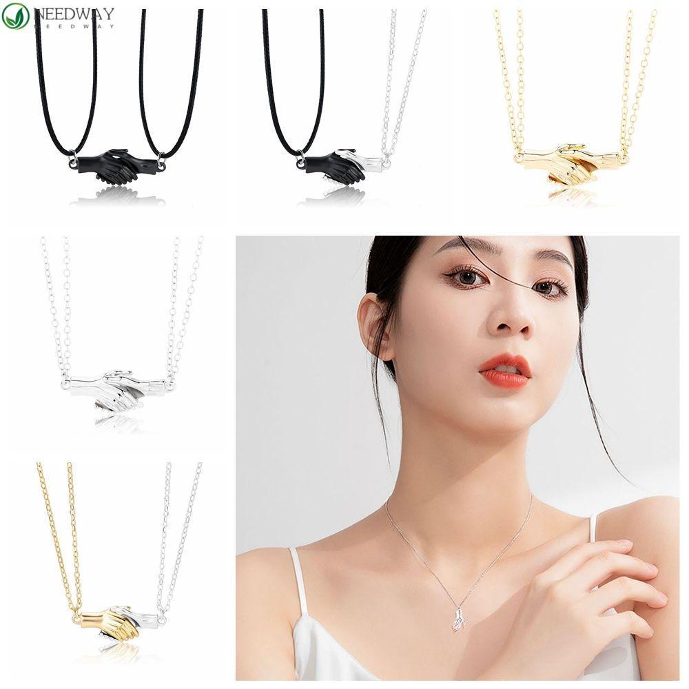 Needway  Cute Handshake Necklaces Simple Couple necklace Clavicle Chain Cool style Magnet Korean 2PCS/SET Women and men Romantic Fashion Jewelry/Multicolor