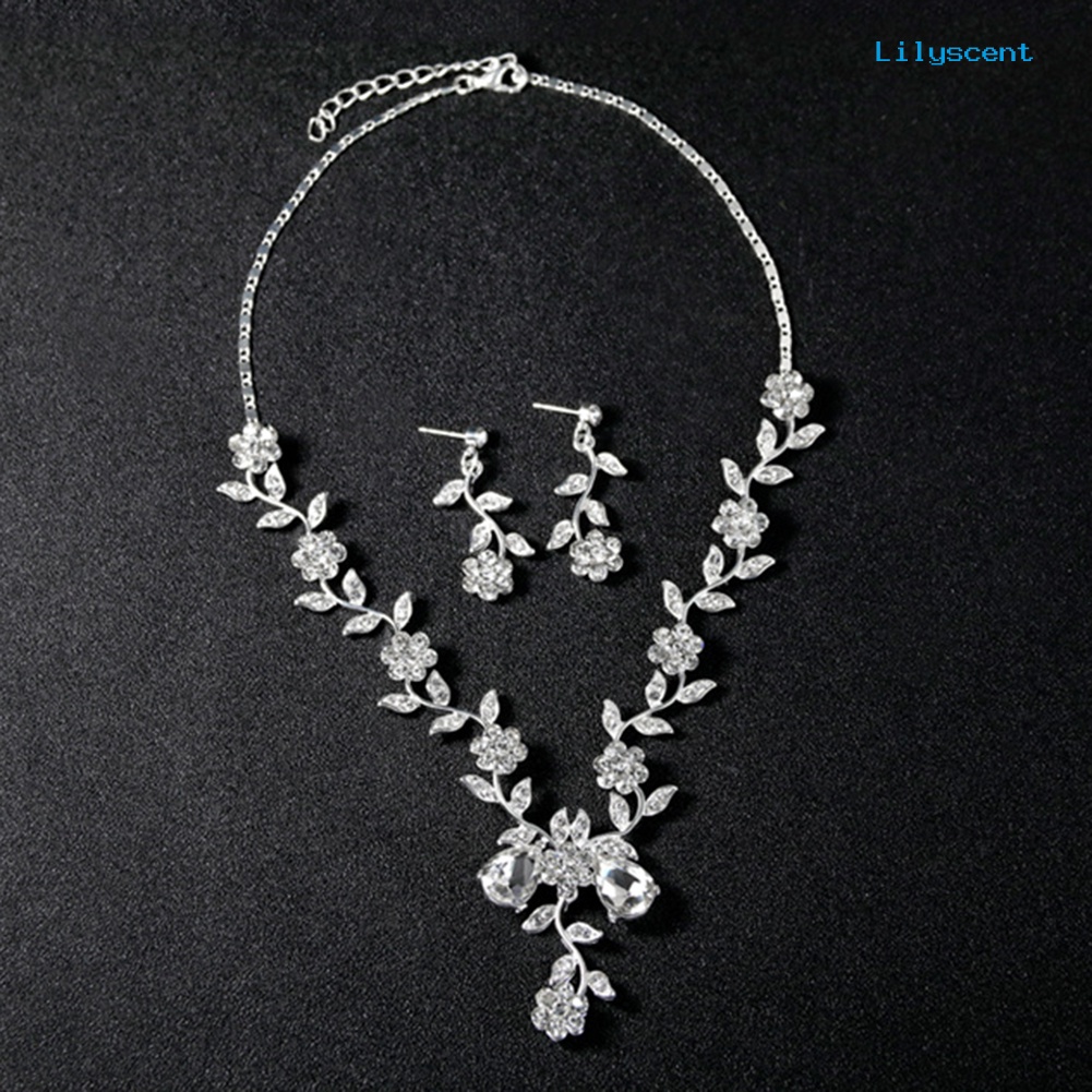 [LS]Wanita Berlian Imitasi Daun Bunga Kalung Stud Anting Pernikahan Bridal Perhiasan Set