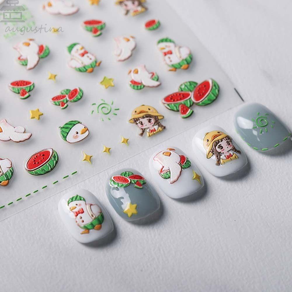 Agustina Stiker Kuku Kartun Wanita Lucu Semangka Kucing 3D Relief Nail Dekorasi