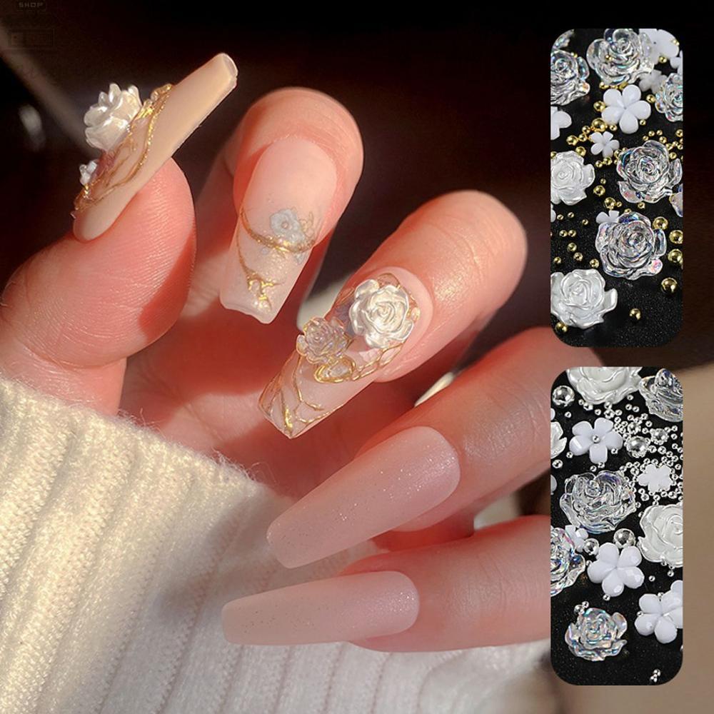 AUGUSTINA Agustina Camellia Bunga Kuku Pesona Fashion Putih Camelia Mutiara Manik-Manik Logam Manikur Aksesoris DIY Ornamen Kuku Berlian Imitasi