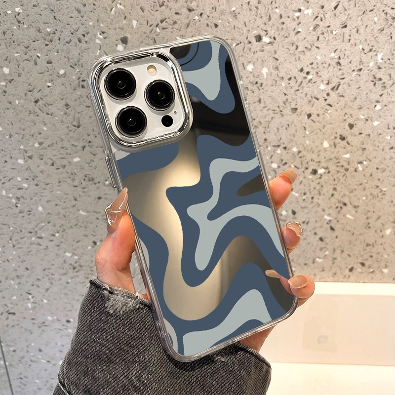 IPHONE Art Grey Blue Painting Mirror Phone Case Kompatibel Untuk Iphone11 12 13 14 12Pro 13Pro 14Pro Pro Max XR X XS Max Electroplating Tombol Perlindungan Mirror Cover