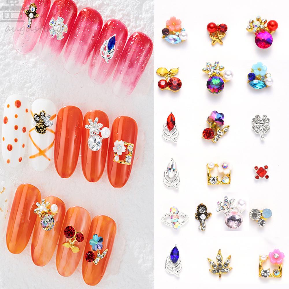 AUGUSTINA Agustinina Nail Art Zircon Lucu Alloy 3D Hati Bunga Ceri Mutiara Bintang Berujung Lima Kuku Berlian Imitasi