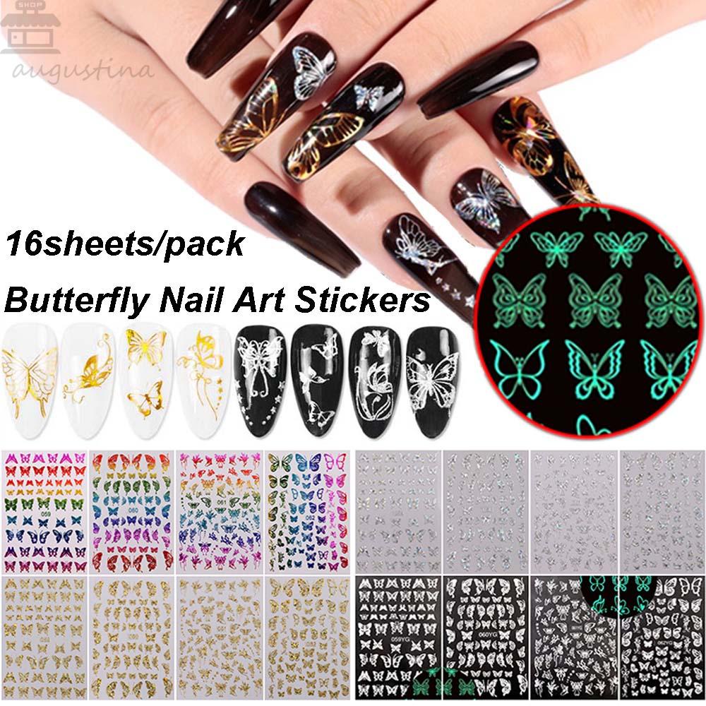 AUGUSTINA Agustina Butterfly Nail Art Sticker Acrylic Colorful Self Adhesive Luminous Stiker Kuku