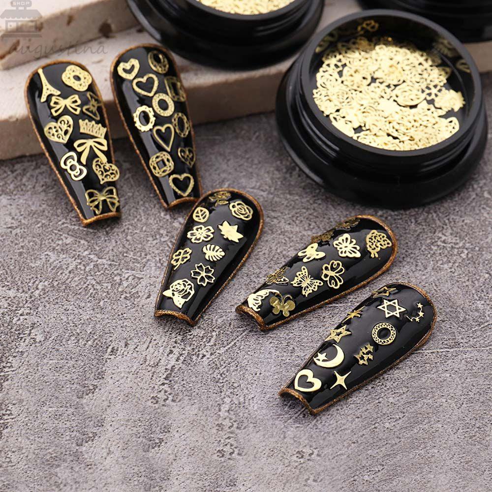 AUGUSTINA Agustina Rivet Aksesoris Kuku Menara Emas Bunga Daun 3D Nail Art Manicure Ornaments DIY Dekorasi Kuku