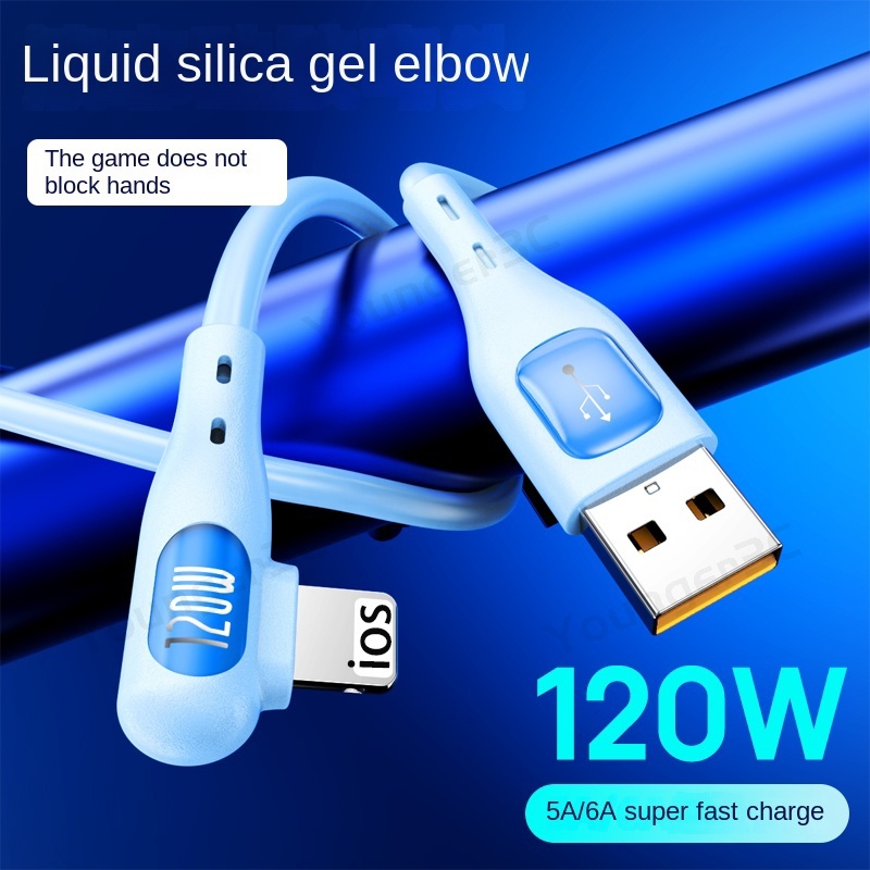 120w Elbow Fast Charging Cable 6A Kabel Data Ponsel Silikon Cair USB Flash Charging Cord Untuk ios Tipe C