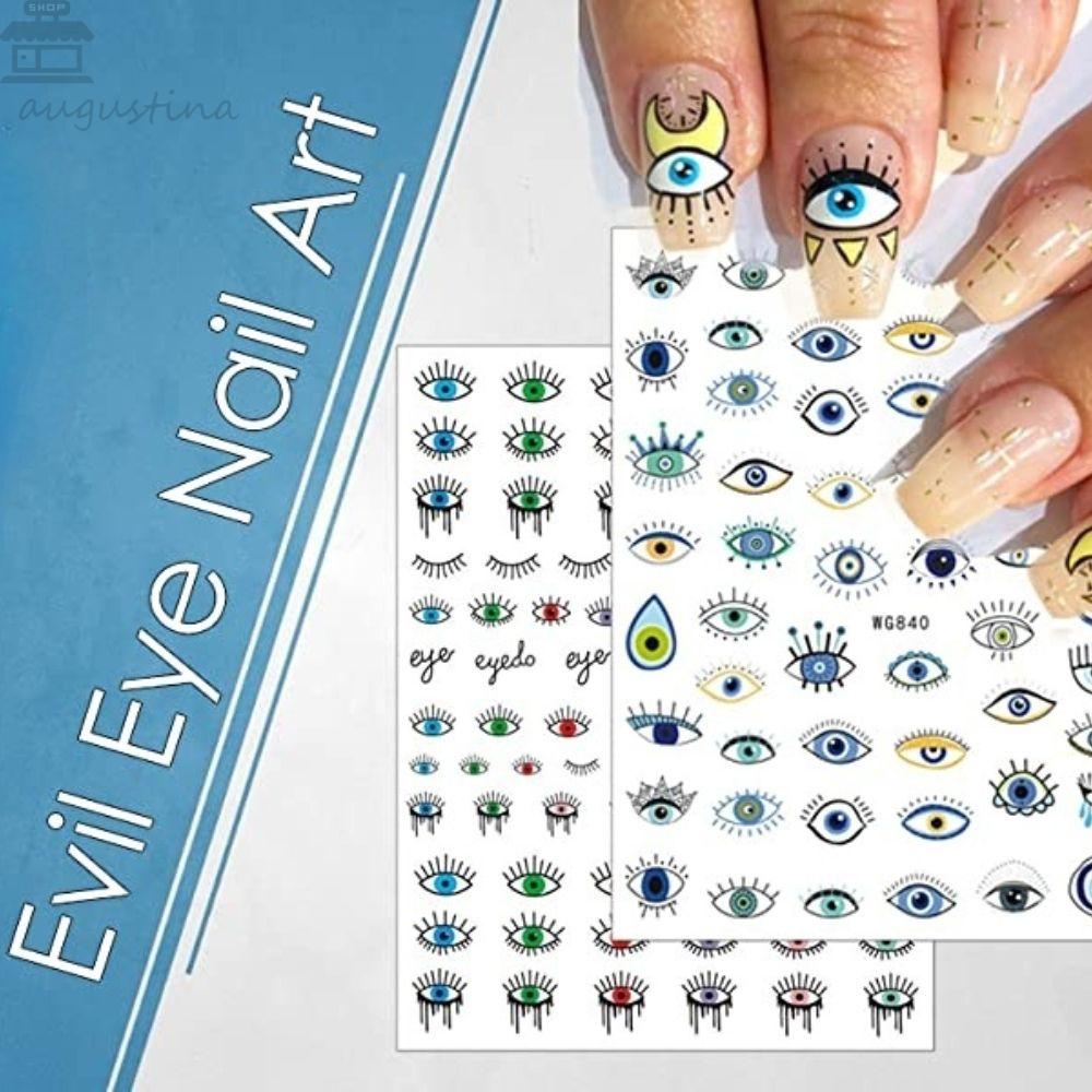 AUGUSTINA Stiker Kuku Perekat Agustina Trendy Lucu Motif Garis Abstrak Seri Mata Biru Dekorasi Nail Salon Nail Art
