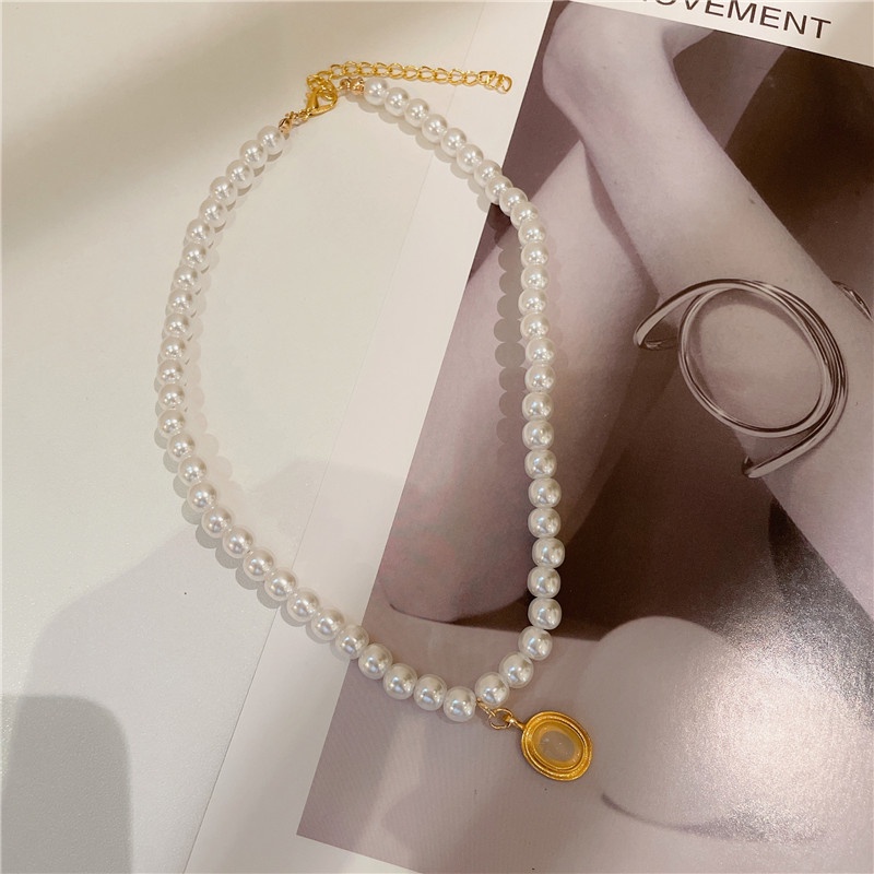 Jepang Korea Manis Super Temperamen Kalung Mutiara Perempuan Oval Tetesan Air Klavikula Rantai Niche ins Gaya Keren Kalung Perempuan Trendi