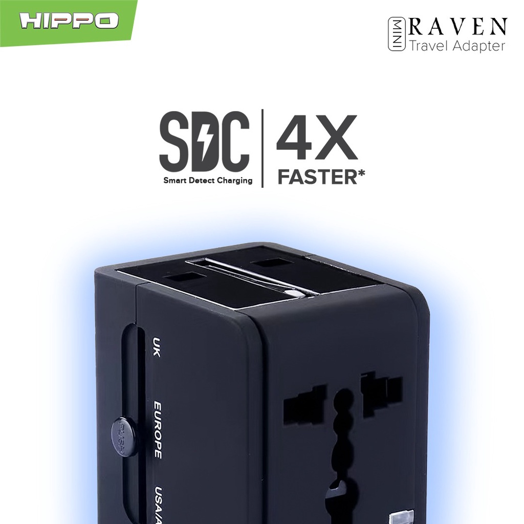 Hippo Travel Adapter Raven Mini (4 USB A + 1 USB C) Black Travel Charger Dual USB 12W (US/AU/EU/UK)