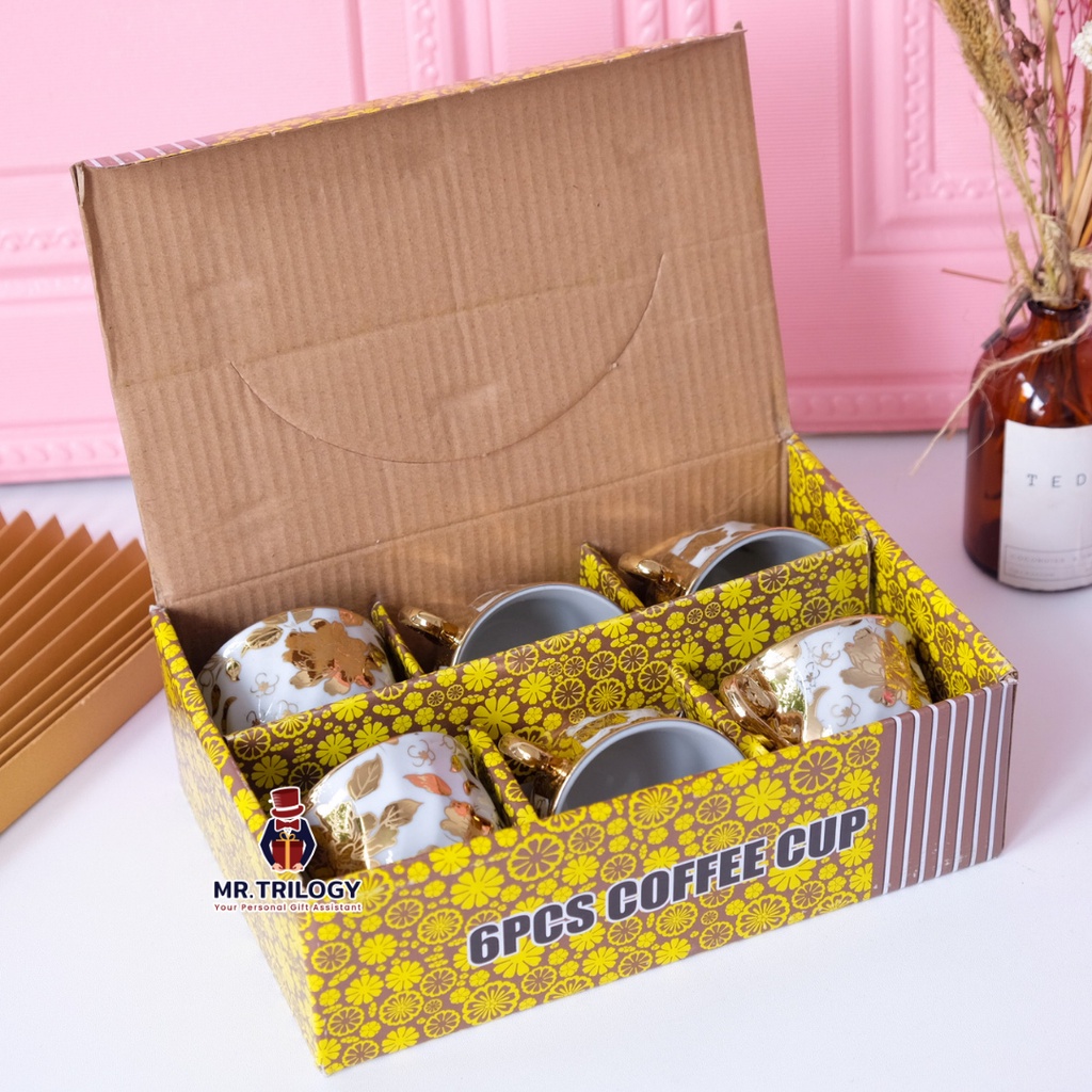 Cangkir Teh Set Keramik Emas Gaya Eropa 6 Gelas Cups Kopi Souvenir