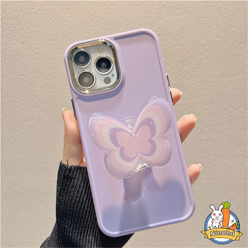 IPHONE Bingkai Plating Canggih Warna Solid Phone Case Purple Butterfly Phone Holder Kompatibel Untuk Iphone14 13 12 11 Pro Max X Xr Xs Max8 7 6 6s Plus SE Tahan Jatuh Cover Pelindung