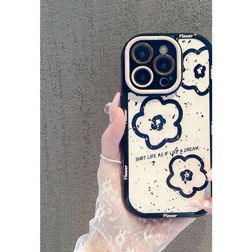 IPHONE Casing Ponsel Desain Bunga Hitam Garis Sederhana Semi Transparan Kompatibel Dengan Iphone12 13 14 11 Pro Max X Xs Max Xr Ggrtf