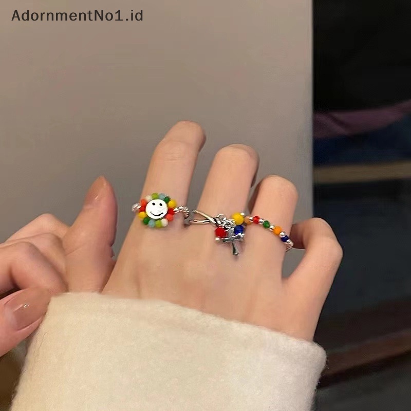 [AdornmentNo1] Manik warna warni Smiley manik elastis Diy cincin gadis Ins desain Niche jari cincin pasang perhiasan wanita cincin lucu